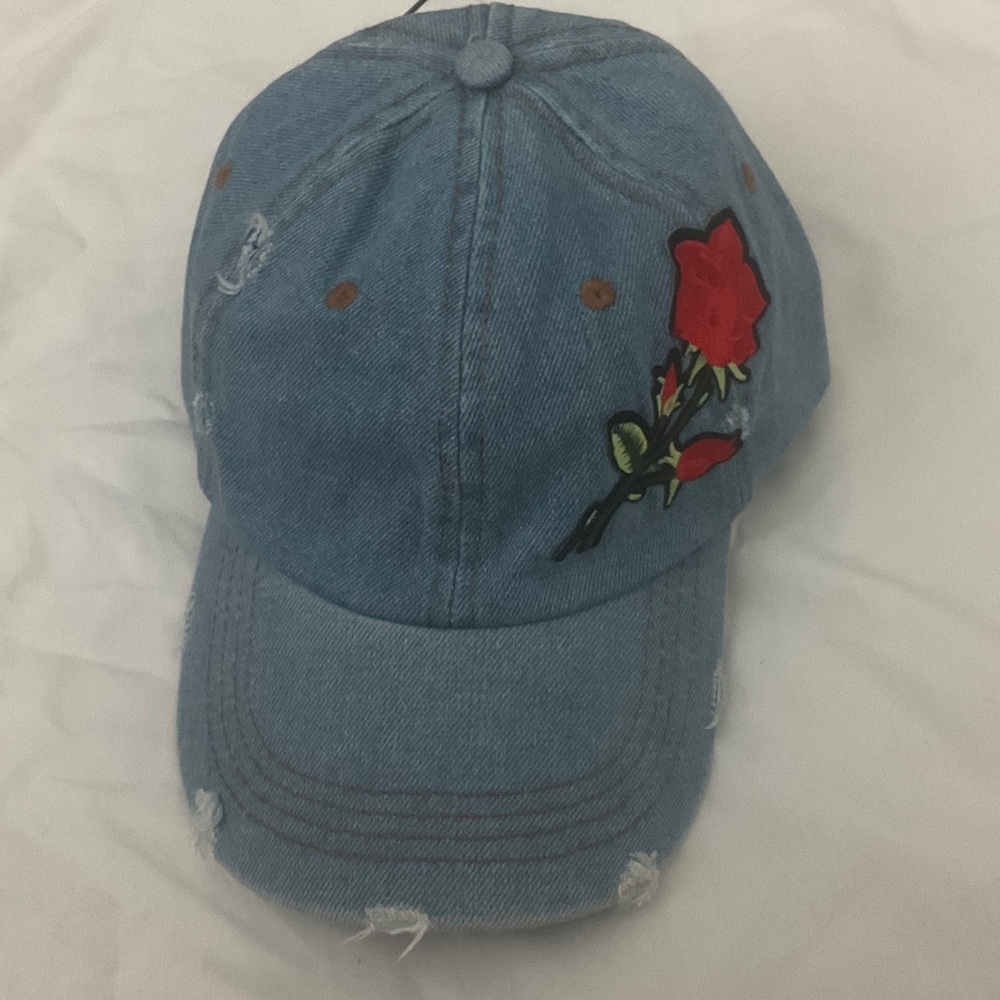 David & Young Denim Cap with Red Rose Embroidery